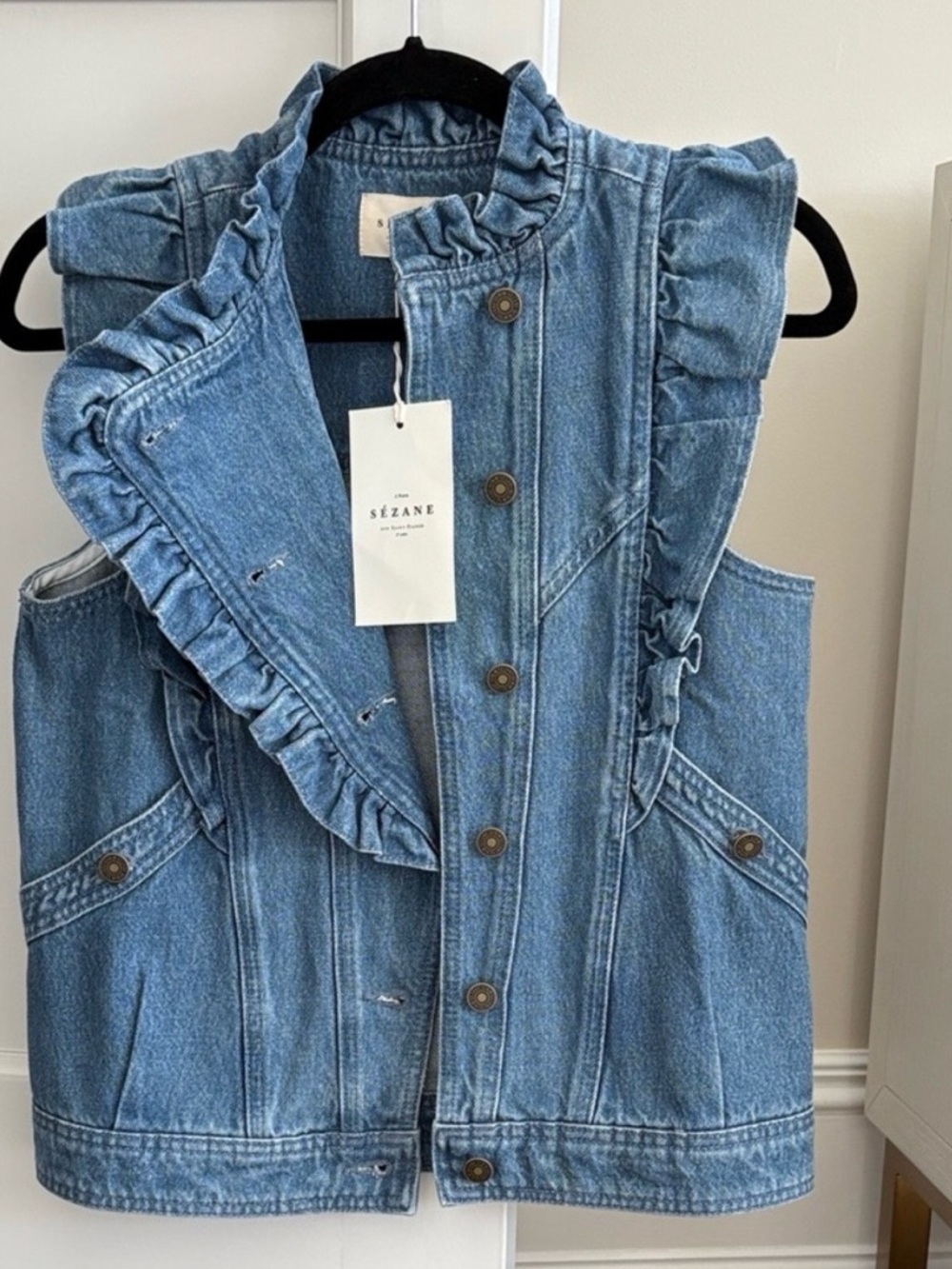 Sezane Light Blue Ruffle-Trim Denim Vest